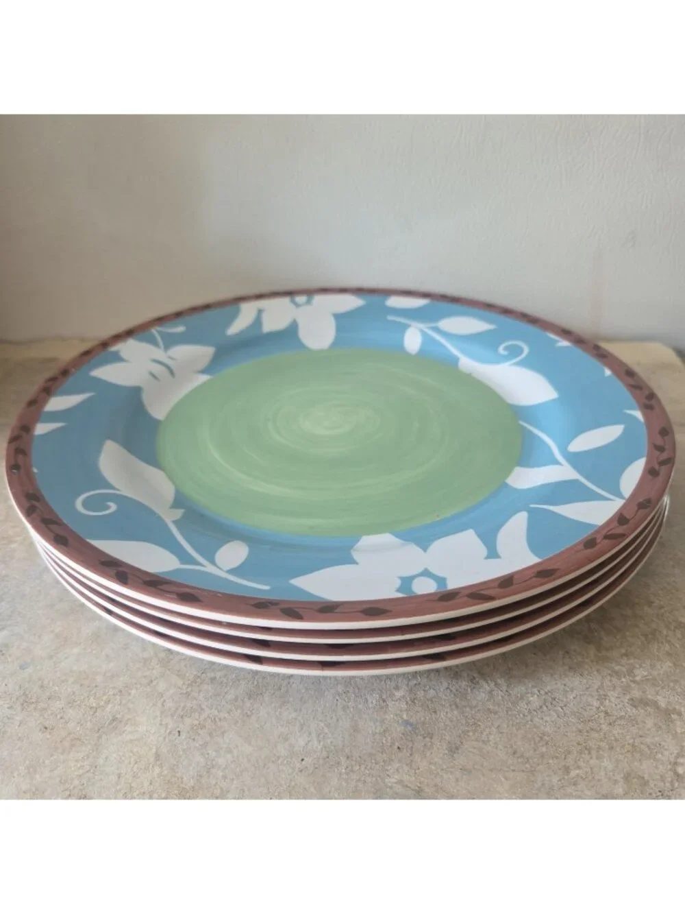 4 Pfaltzgraff Patio Garden Melamine Dinner Plates 11 Inch Green Blue AS IS